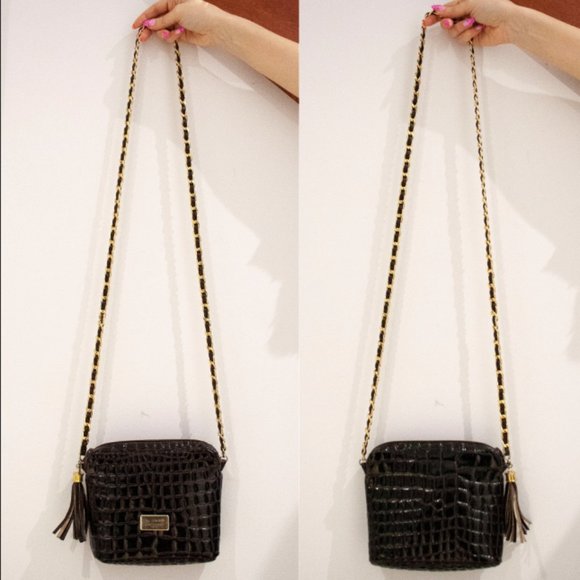 DUE FRATELLI - Black Glossy Croc Embossed Leather Shoulder Bag Purse - Picture 4 of 5